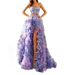 Amarra Ruffled Corset Bodice Evening Gown Purple Blue Sparkle Sz 00 Whimsical